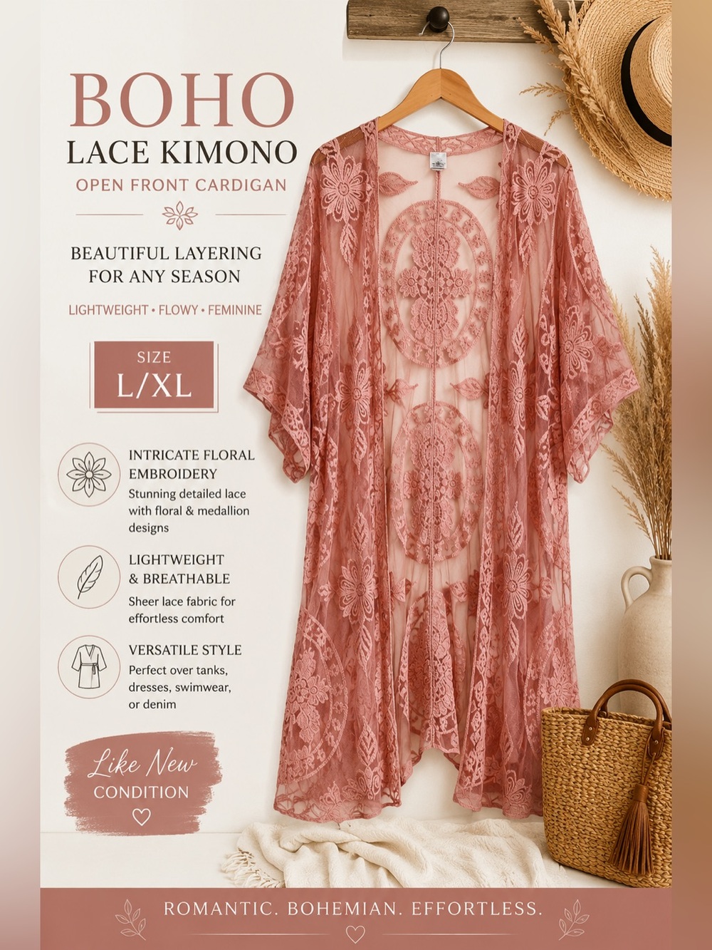 Boho Blush Pink Floral Lace Open Front Kimono Cardigan L/XL